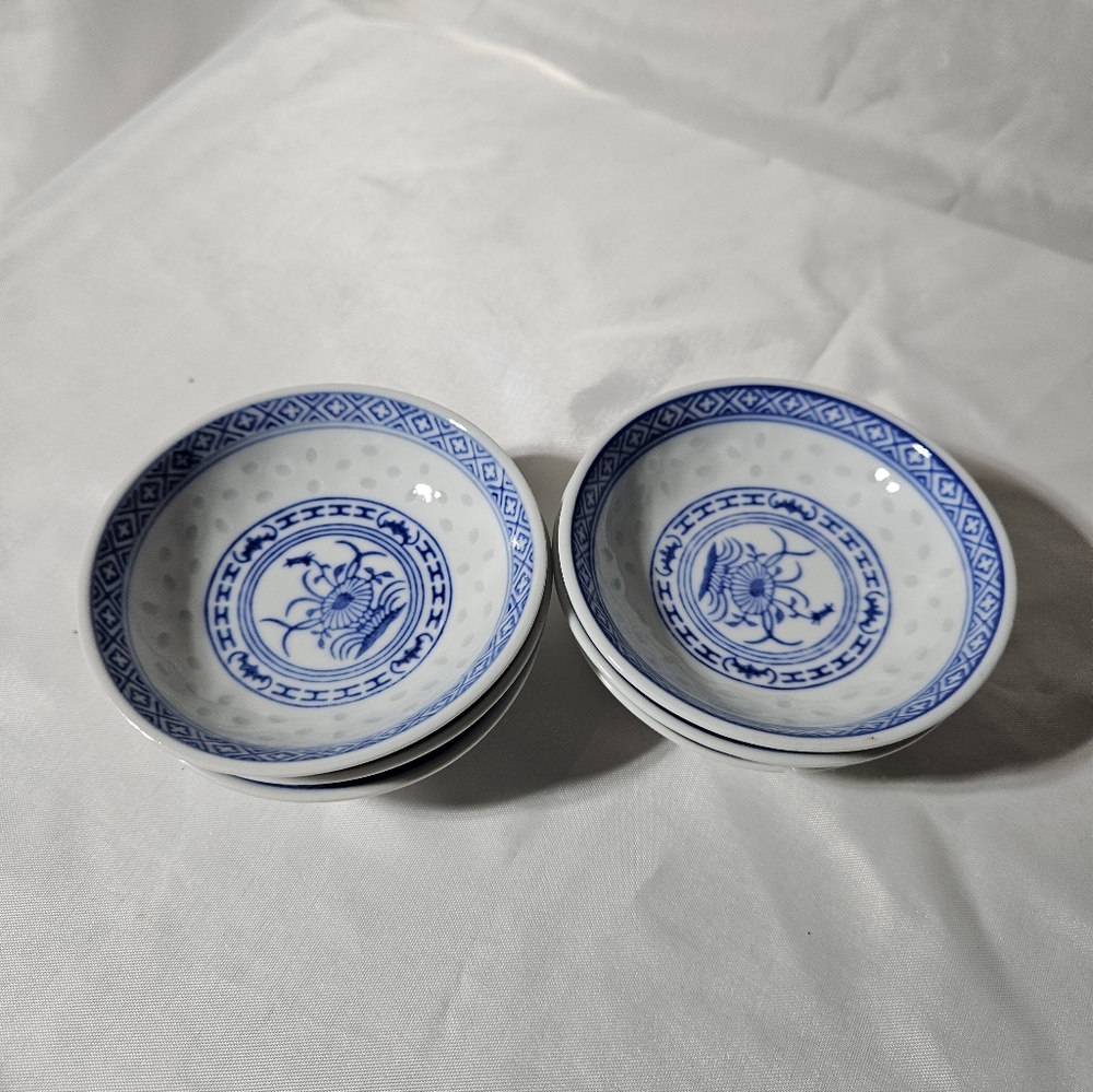 Set Of 6 Vintage Chinese "Rice Grain" Porcelain Sauce Dipping Bowls Blue & White